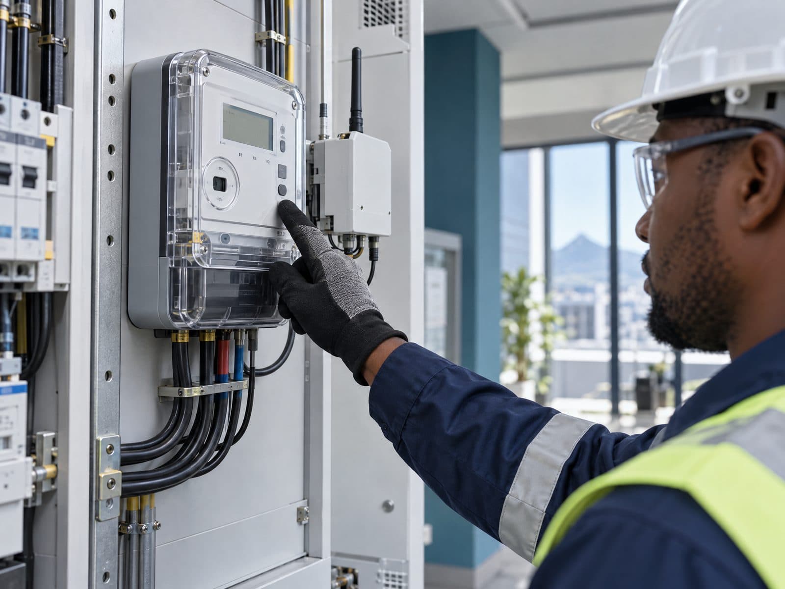 Close-up of a smart electricity meter on utility infrastructure